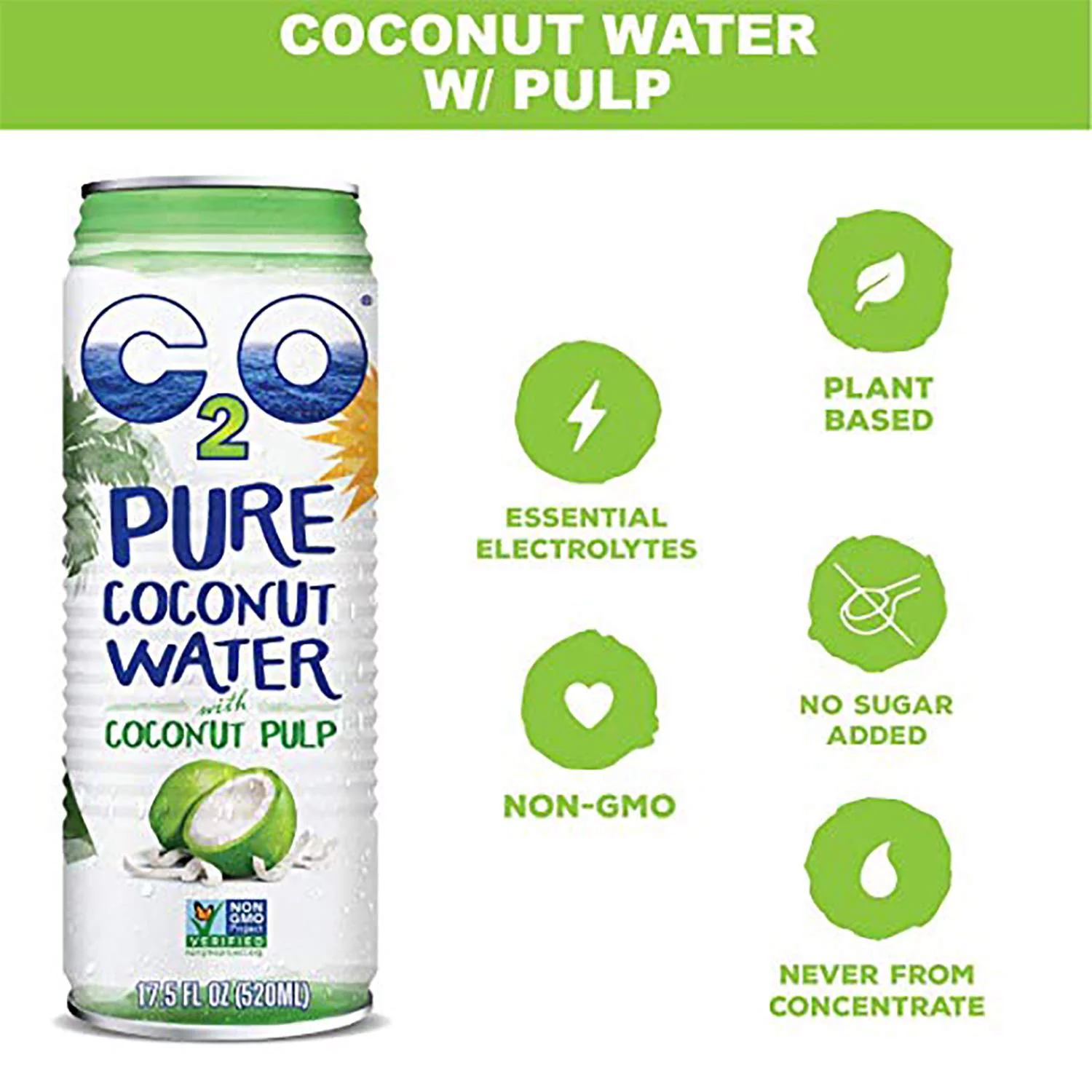 C2O Pure Coconut Water with Pulp | Plant Based | Non-GMO | No Added Sugar | Essential Electrolytes | 17.5 FL OZ (Pack of 12)