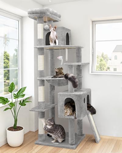 Globlazer Heavy Duty Cat Tree, 70 inch Sturdy Cat Tree for Indoor Cats Extra Large Cat Tower with Scratching Post, Hammock, Cat Condo for Adult Cats Kittens, F70 Pro, Light Grey