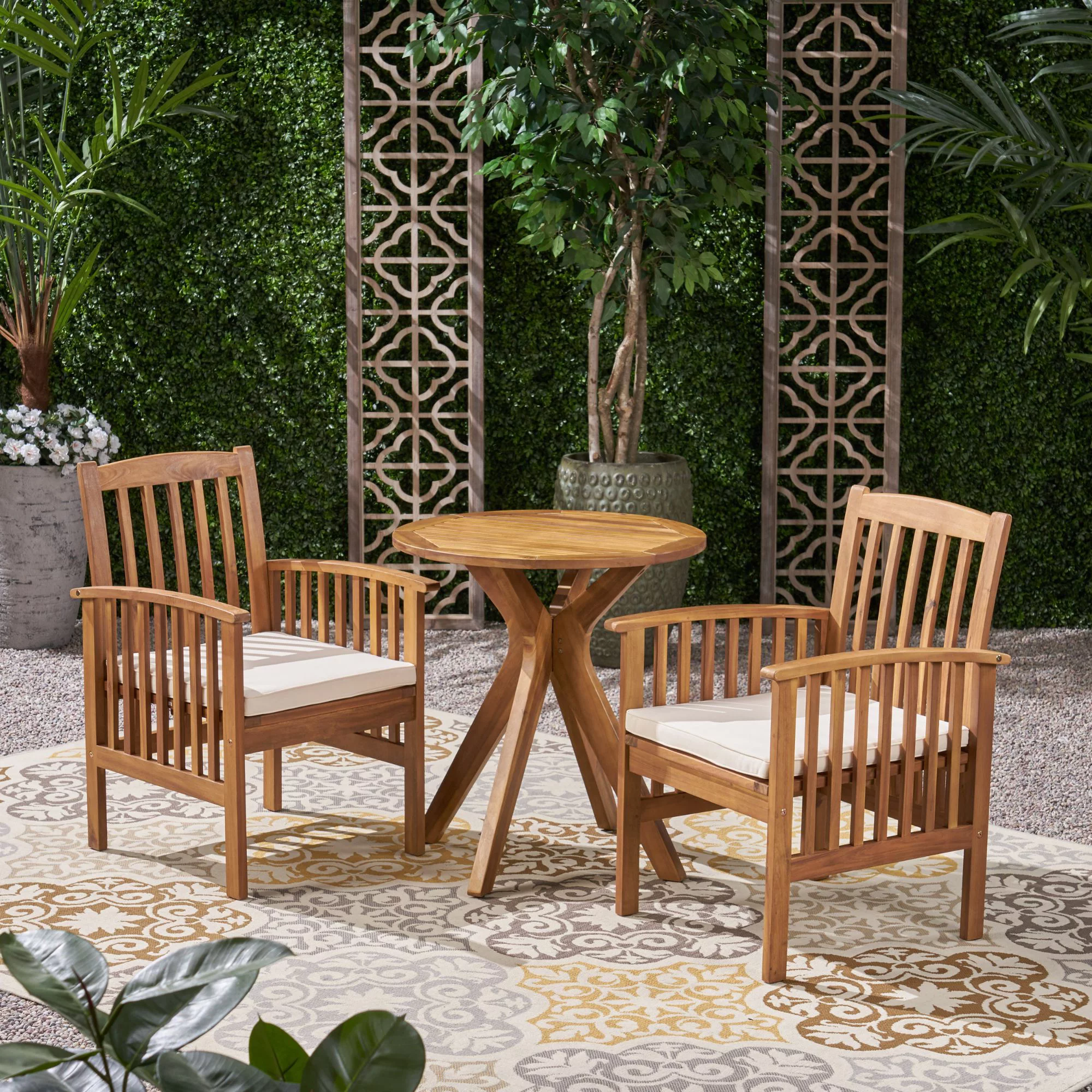 Noble House Casa 3 Piece Wooden Round Patio Dining Set in Teak and Cream