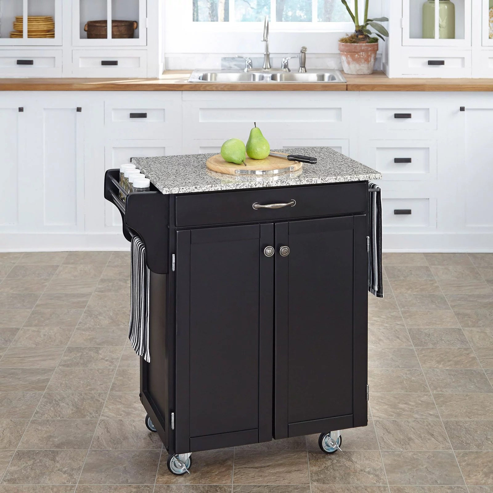Homestyles Cuisine Cart Off White Wood Kitchen Cart-Finish:White,Option:Stainless Steel