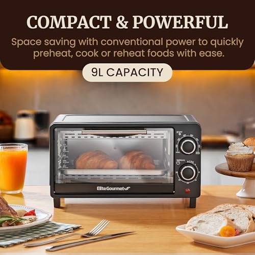 Elite Gourmet ETO236 Personal Compact 2 Slice Countertop Toaster Oven with 15 Minute Timer & Adjustable Temperature, Bake, Broil, & Toast, Black