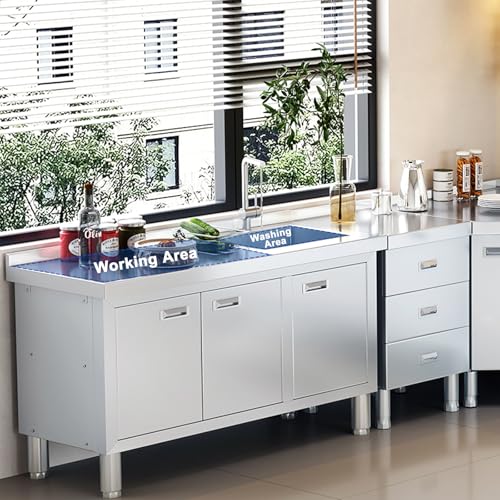 ZZV Freestanding Stainless Steel Sink with Cabinet Heavy Duty Utility Sink Commercial for Kitchen Restaurant Hotel Cafe and Outdoor, 21.66 x 63 x 35.43 inches