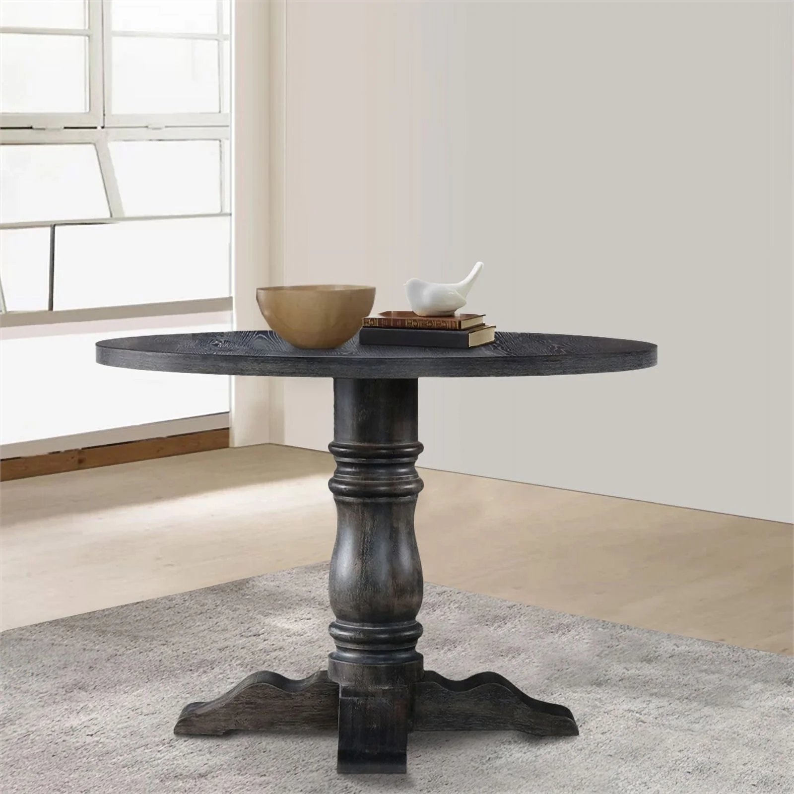 Wooden Round Dining Table With Heavy Pedestal Feet in Weathered Gray