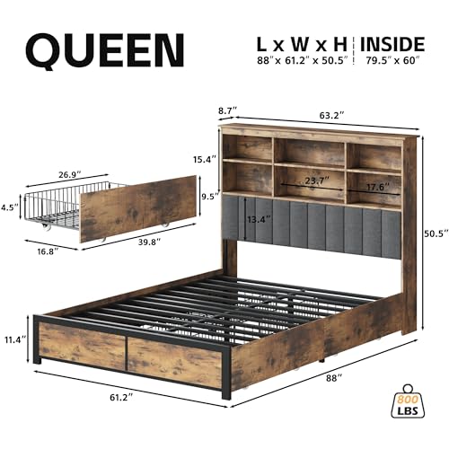 HISOFT Queen Bed Frame with Storage Headboard, Wood Bed with High Storage Bookcase, 4 Drawers & LED & Charging Station,No Box Spring Needed/Noise Free/All-Metal Support, Rustic Grey