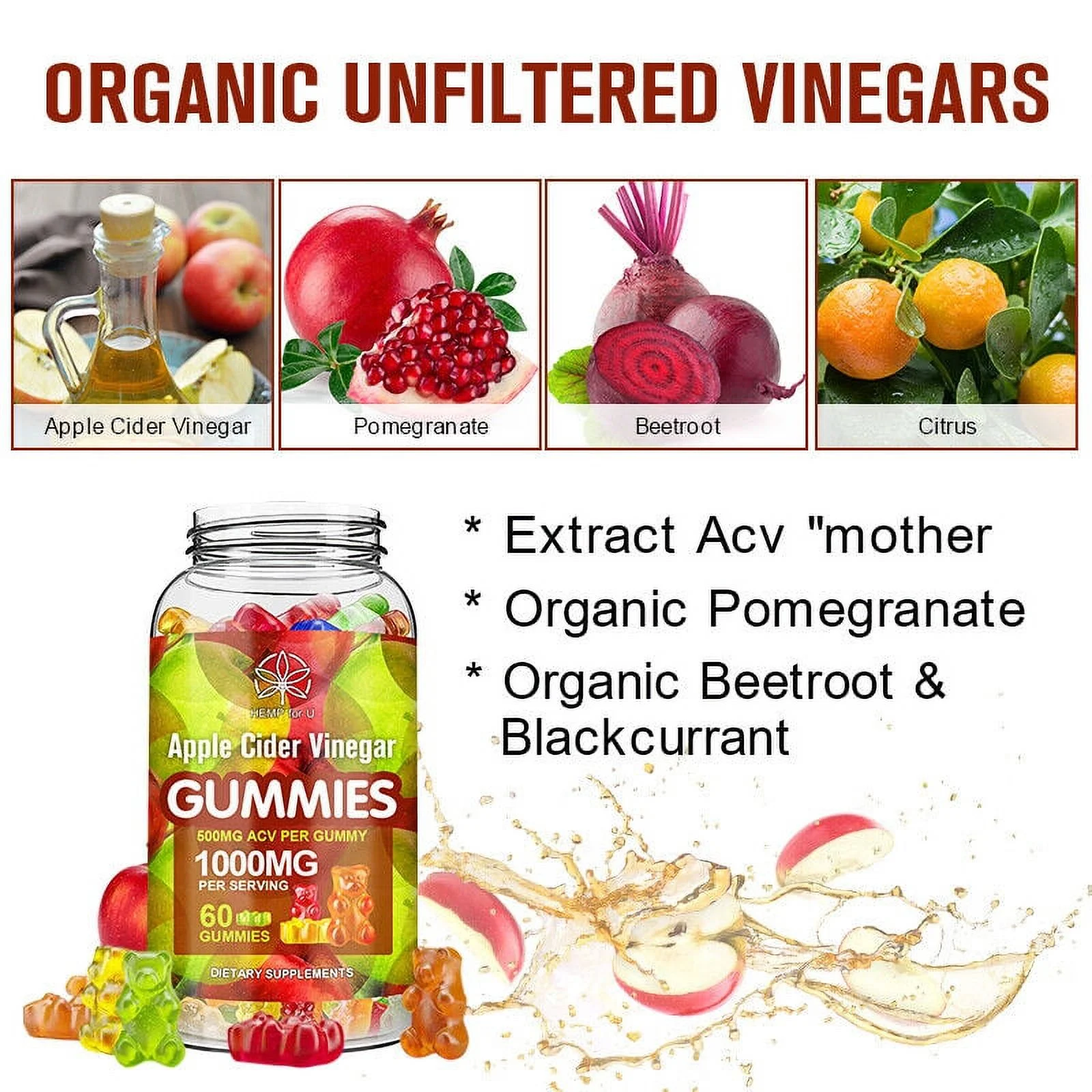 Weight Loss Apple Cider Vinegar Fat Burner ACV Keto Diet Supplements 60 Gummies