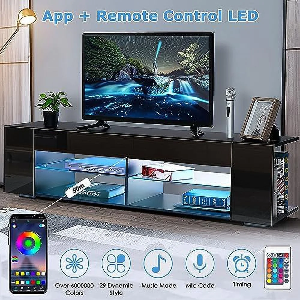 TJUNBOLIFE LED TV Stand for 65 Inch TVs Modern Low Profile Entertainment Center with LED Lights 57 Inch Small TV Console Media Table with Glass Shelves Hidden Side Bookshelf for Living Ro