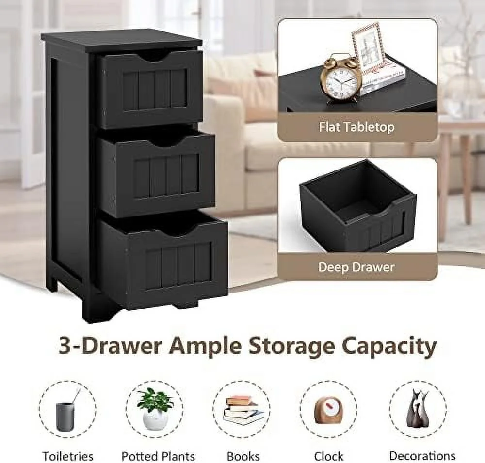 HJZBNONE Bathroom  Cabinet  Space-Saving Slim  Cabinet with 3 Drawers  Freestanding Wooden Narrow Floor Cabinet for Living Room Bathroom Bedroom Entryway (Black)