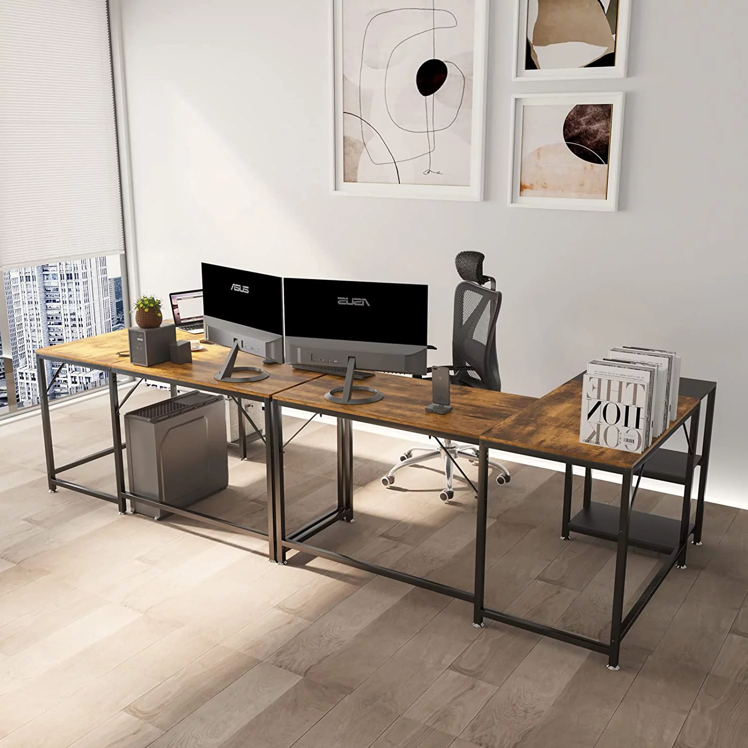 sell well Klvied L Shaped Desk for Home Office  59" Double Color L Table with Storage Shelves  Reversible Corner Computer Desk  Space-Saving Desk Workstation  Simple Wooden Writing Ta