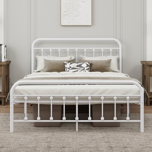 Sturdy Metal Full Size Bed Frame with Headboard Footboard Steel Slats Support No Box Spring Needed White