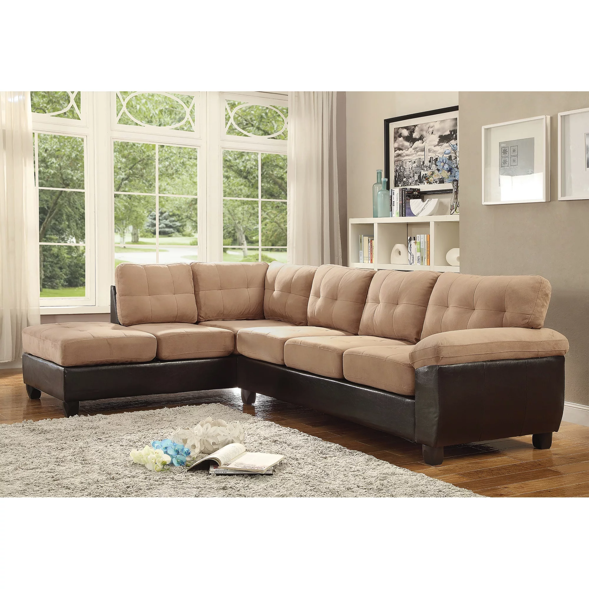 Passion Furniture Gallant 111 in. W 2-piece Faux Leather and Microfiber L Shape Sectional Sofa in Mocha