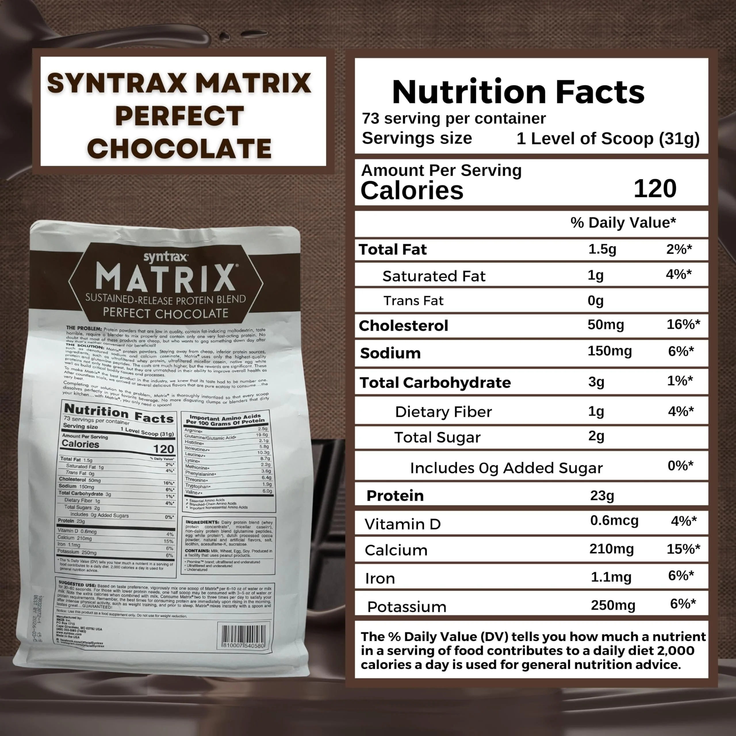 Syntrax Matrix Sustained-Release Protein Powder Blend - Muscle Support - Perfect Chocolate - 5 lbs