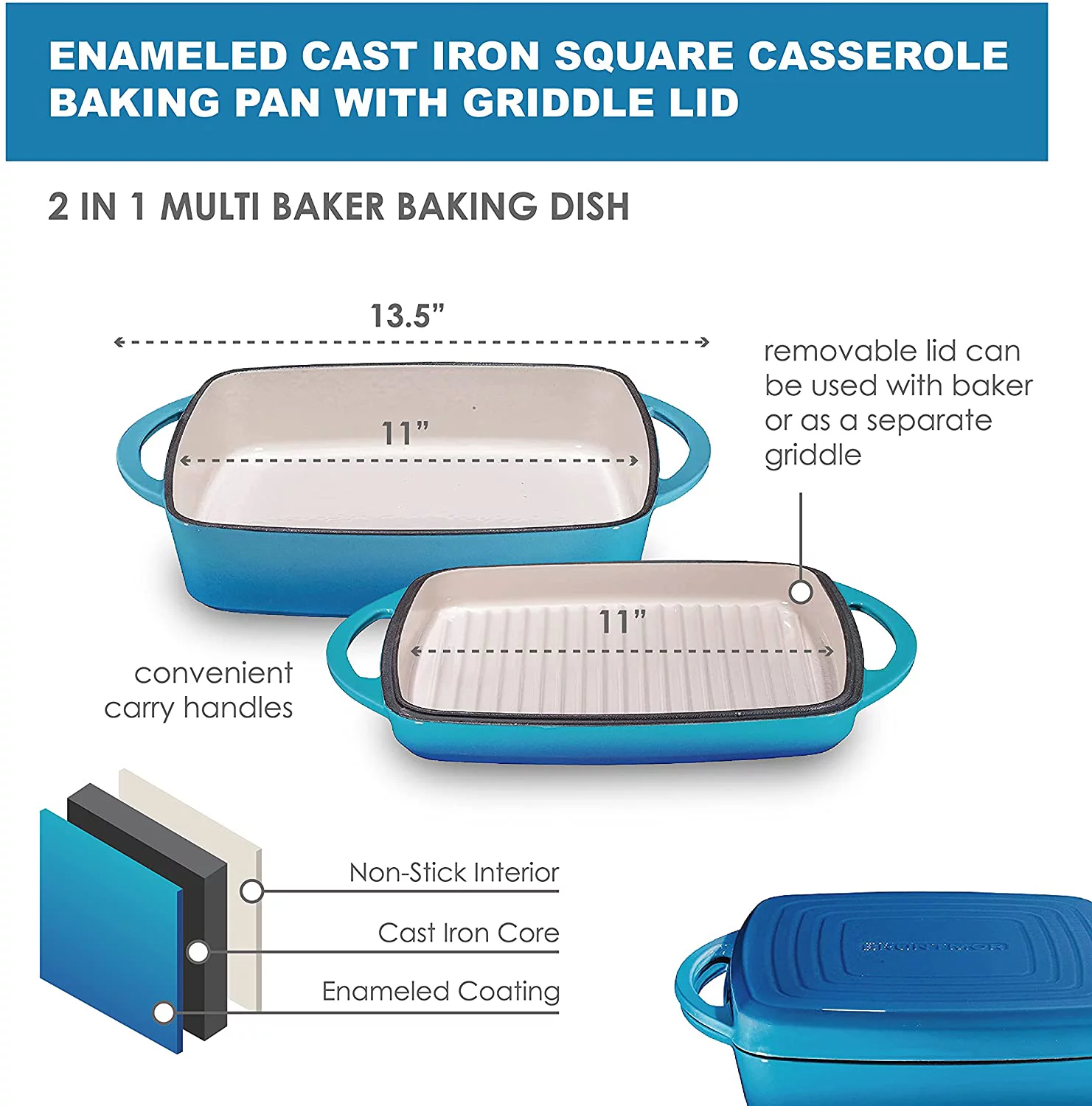 Bruntmor | 2 in 1 Enameled Square Cast Iron Baking Pan Cookware Dish With Grill, Caribbean