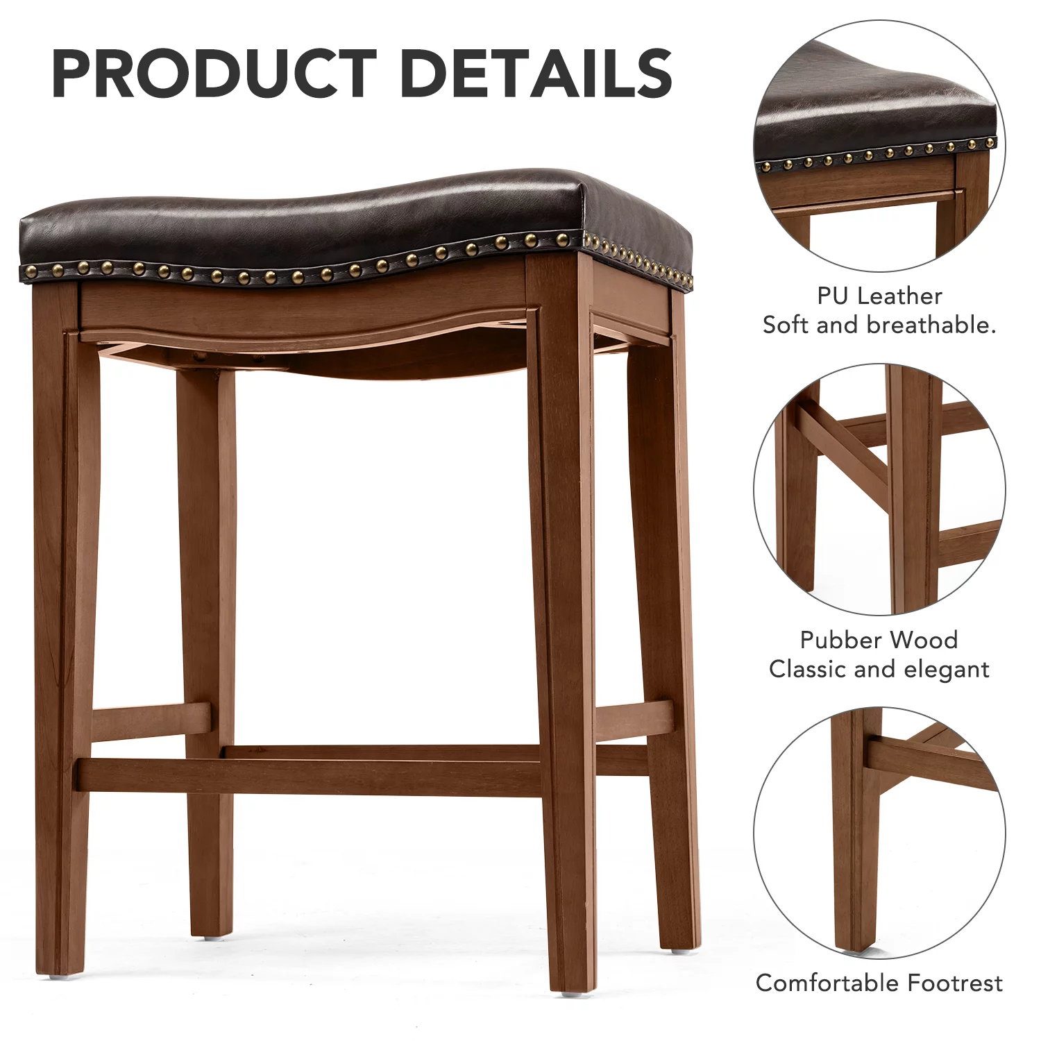 Counter Height Bar Stools with Footrest 26-Inch Backless Bar Stools,Upholstered Wooden Bar Stool,Set of 2,Walnut