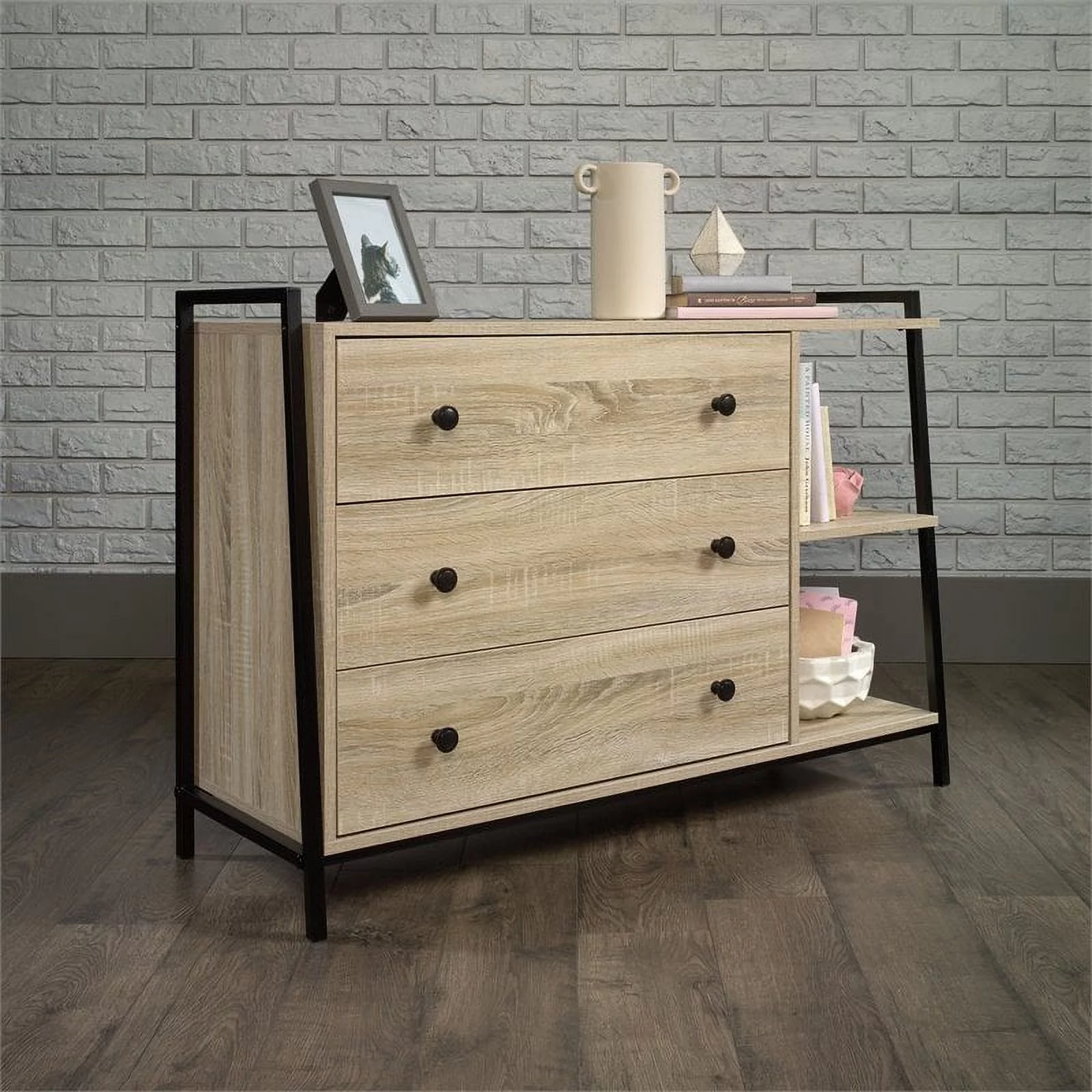 Sauder North Avenue 3-Drawer Engineered Wood and Metal Dresser in Charter Oak