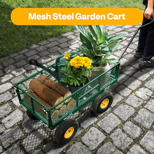 VIVOHOME Heavy Duty 880 Lbs Capacity Mesh Steel Garden Cart Folding Utility Wagon with Removable Sides and 4.10/3.50-4