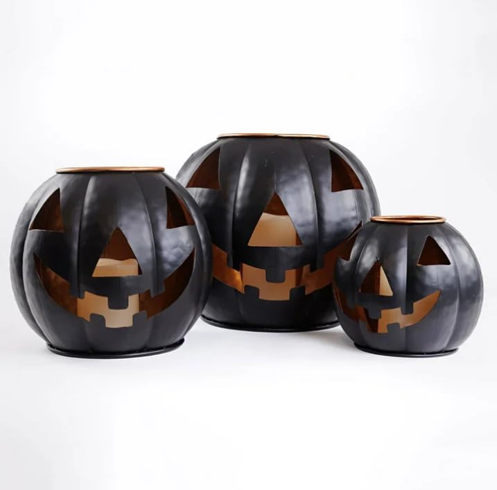 3 Tiers Black Metal Jack O Lanterns Light up Pumpkins with LED Candles with Black Creepy Cloth Decoration Bundle Pre-lit Pumpkin Lights for Halloween Indoor Outdoor Yard Decor