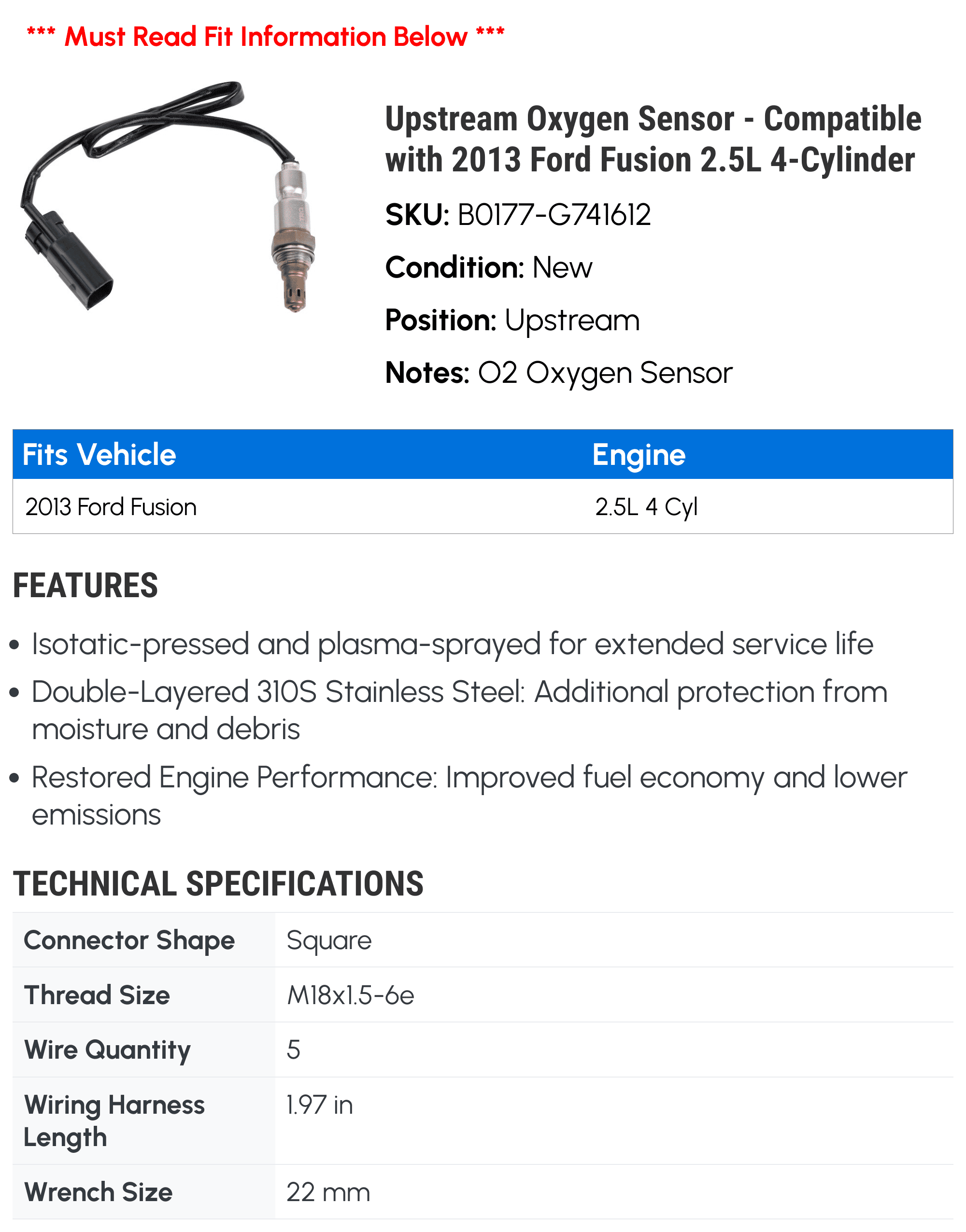 Upstream Oxygen Sensor - Compatible with 2013 Ford Fusion 2.5L 4-Cylinder