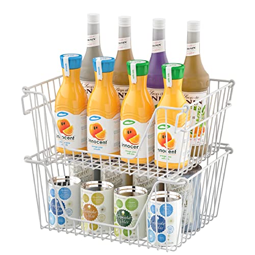 Slideep Chest Freezer Organizer Bins 16.5 Inch, Deep Upright Freezer Baskets Metal Wire Storage Container for Kitchen, White, Set of 2