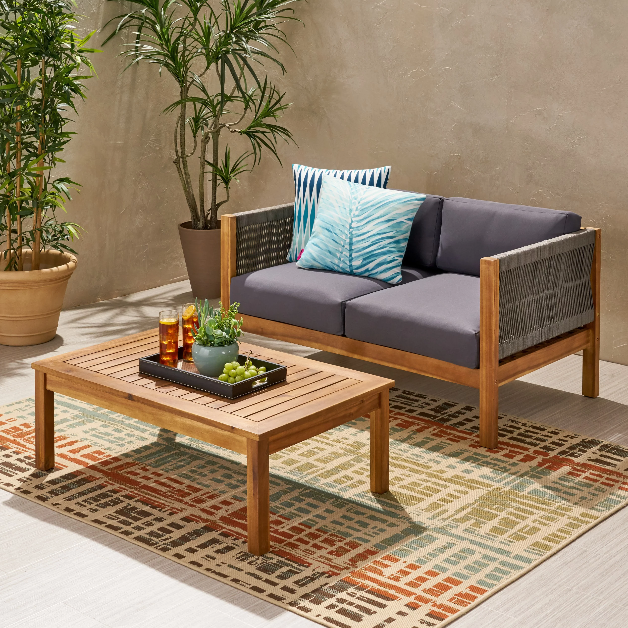 Charlotte Modern Outdoor Loveseat Set, Teak and Gray