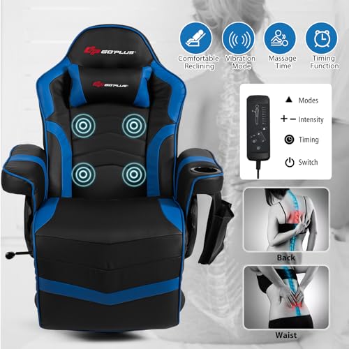 POWERSTONE Gaming Recliner Massage Gaming Chair with Footrest Ergonomic PU Leather Single Sofa with Cup Holder Headrest and Side Pouch, Adjustable Living Room Chair Seating, Black