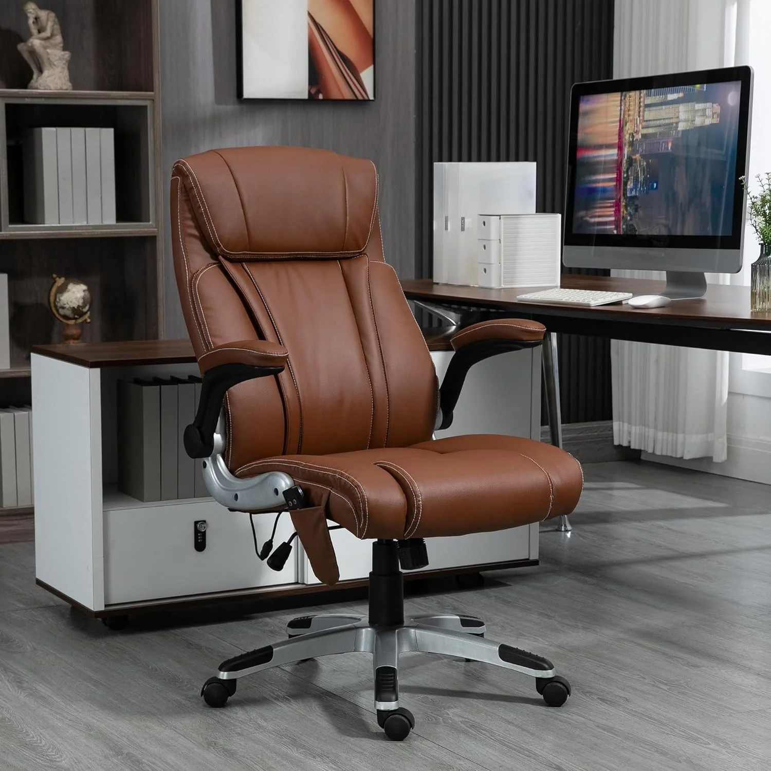 Executive Massage Office Chair With 6 Vibration Points, Heated Faux Leather Computer Desk Chair With -Up Armrest, Adjustable Height, Swivel Wheel, Brown
