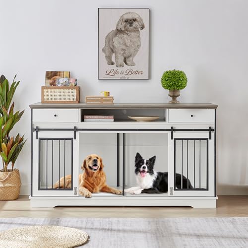 Rovibek 75'' Double Dog Crate Furniture for 2 Large Dogs, Heavy Duty Furniture Style Dog Crates End Table, Wood Crates for Dogs Kennel Indoor with Double Door, Grey