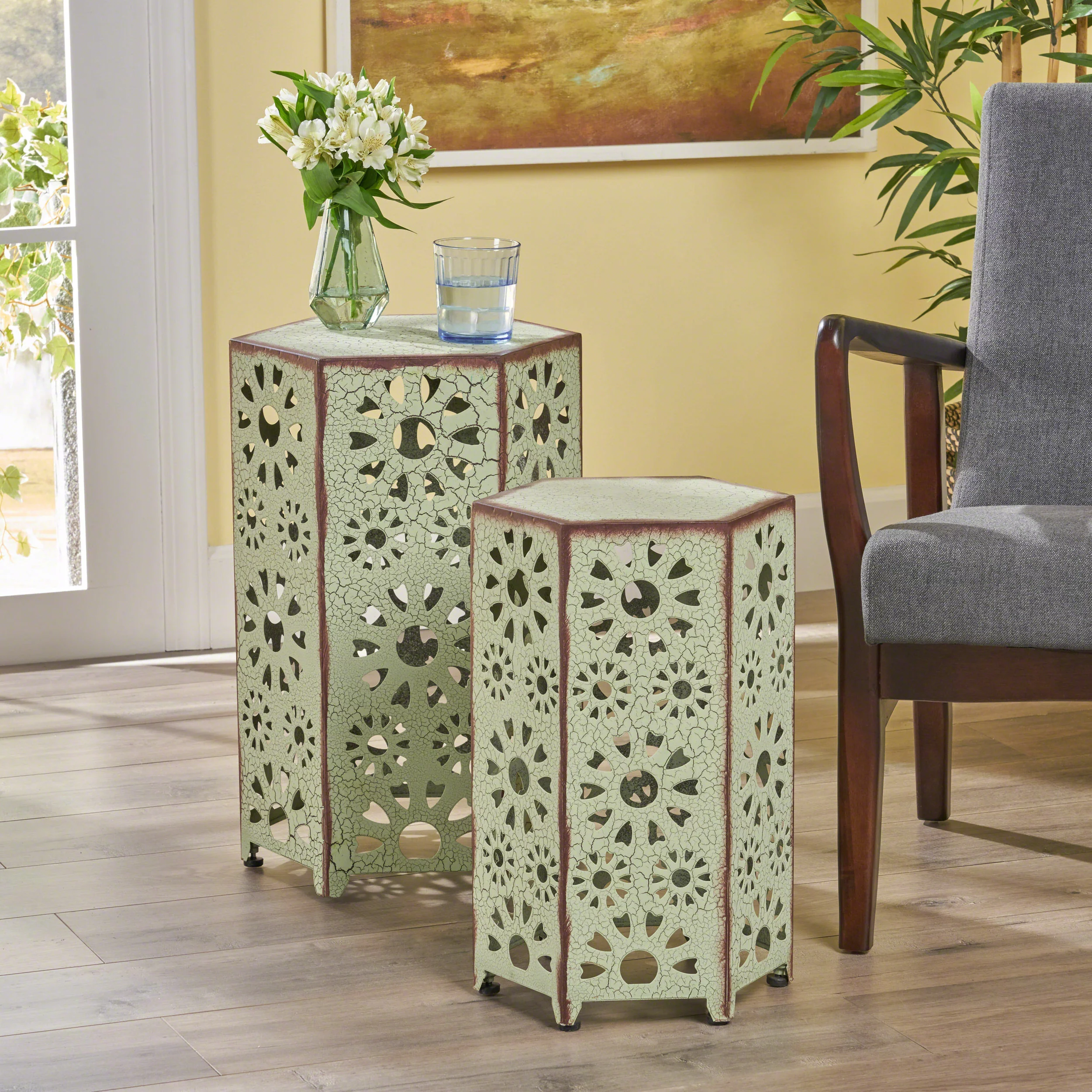 Noble House Vania 12 Inch and 14 Inch Sunburst Iron Side Table Set, Crackle Green