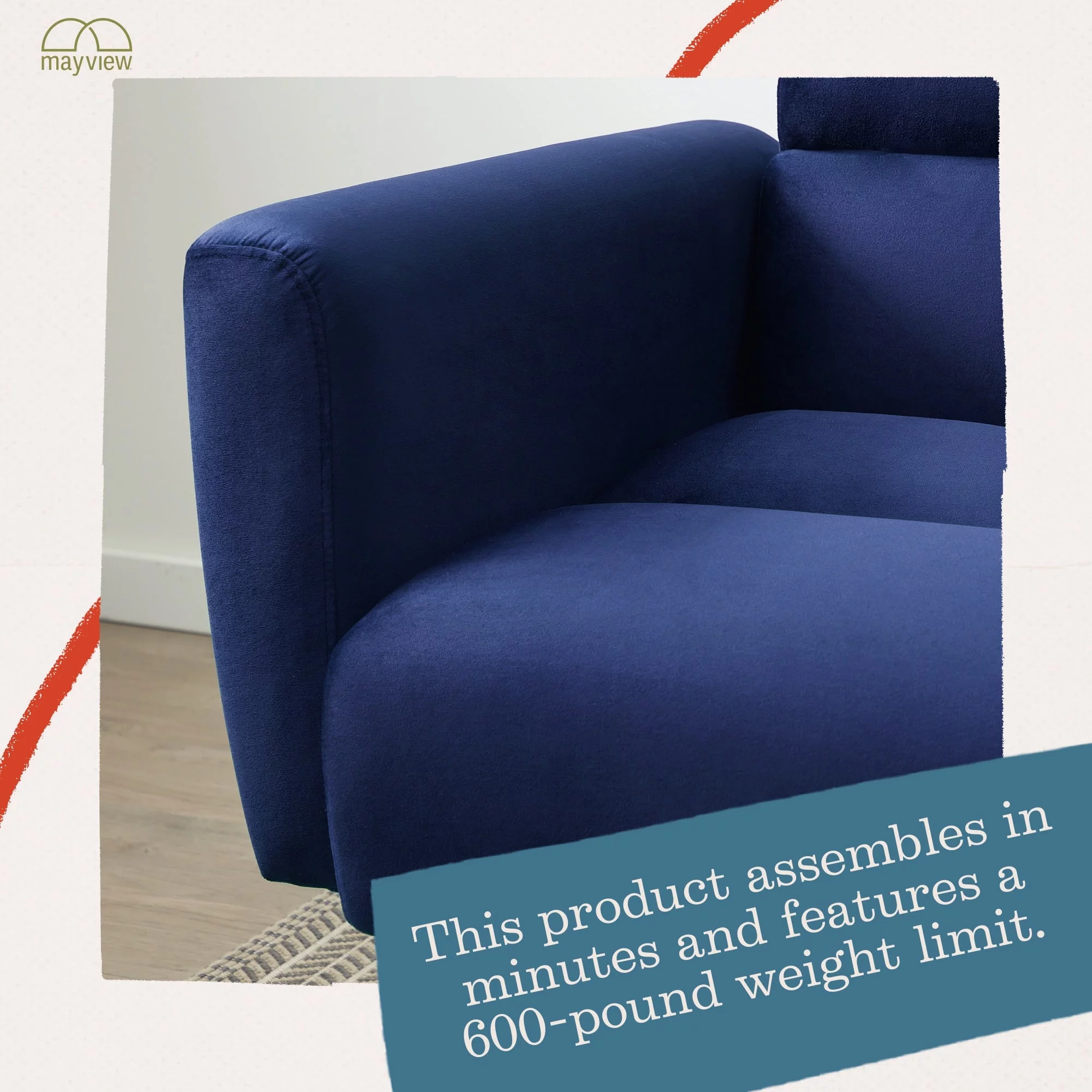 Mayview Sofa Bed with Box Tufting and Removable Arms, Navy Velvet