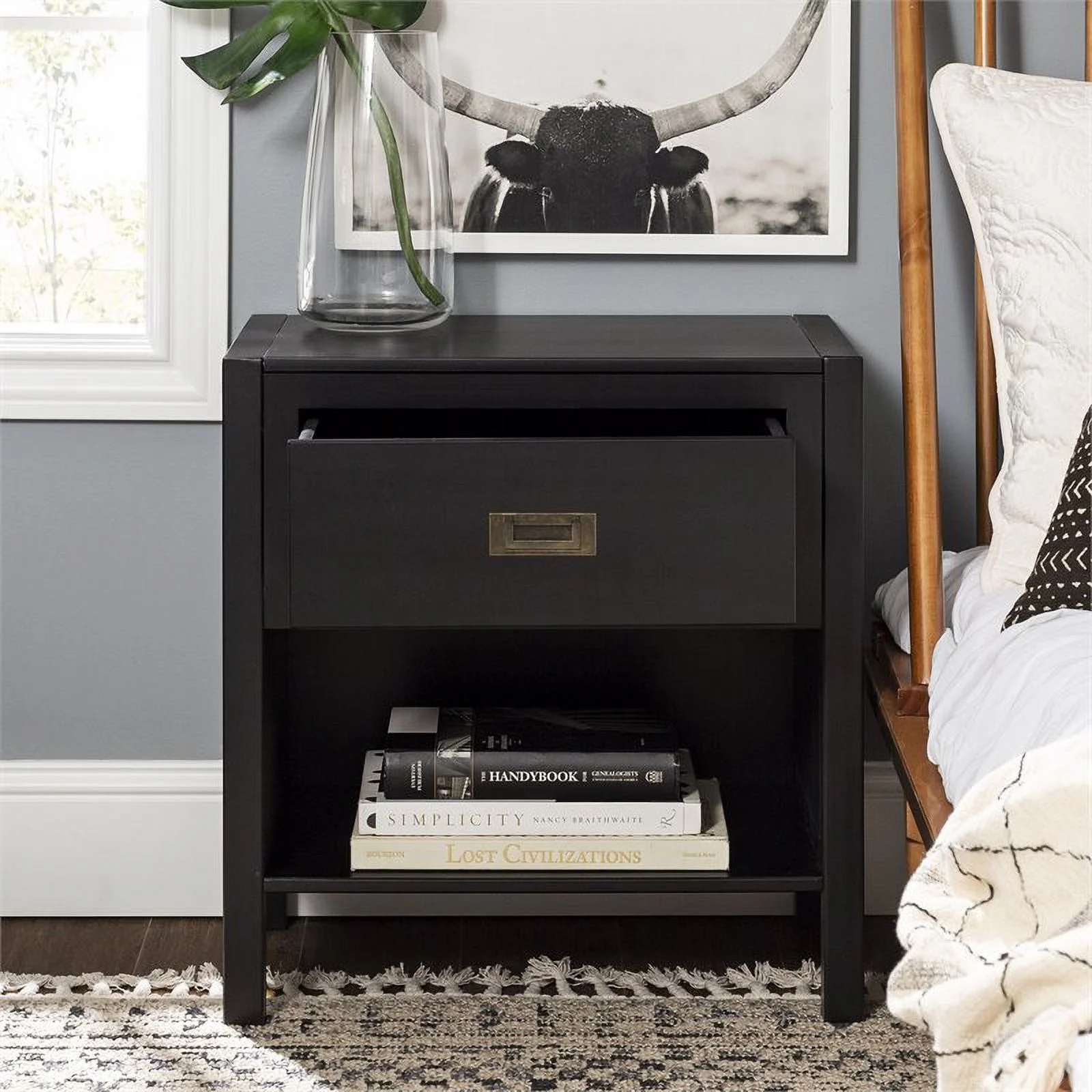Lydia 2-Piece 1-Drawer Classic Solid Wood Bedroom Nightstand Set in Black