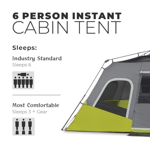 CORE Instant Cabin Tents | 6 Person / 9 Person / 10 Person / 12 Person Family Cabin Multi Room Pop Up Tents Car Camping | Included Storage Pockets for Camping Accessories
