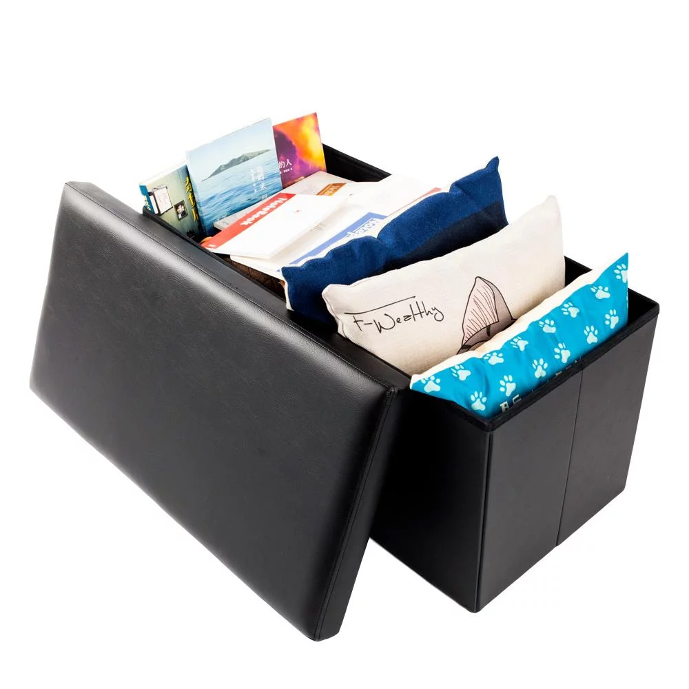 SamyoHome Faux Ottoman Leather Folding Footstool Home Organizer Rectangle Storage Furniture Black