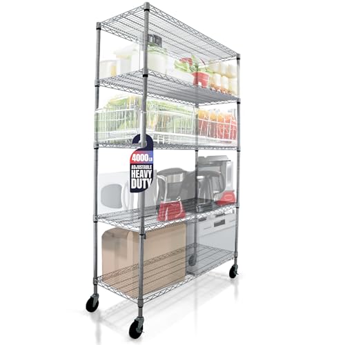4000 LBS Heavy Duty Wire Rack 48 x 24 x 76, 5-Tier NSF Commercial Rolling Rack with Wheels, Chrome Metal Shelving Unit for Garage, Kitchen, Warehouse, Adjustable Storage Shelf, Crescent