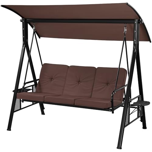 Yaheetech 3-Seat Deluxe Outdoor Patio Porch Swing with Angle-Adjustable Sunshade/Cupholder/Lie Down Hanging Chair, Lounge Chair for 3 People, Outdoor Love Seat Bench for Patio/Garden, Dark Brown