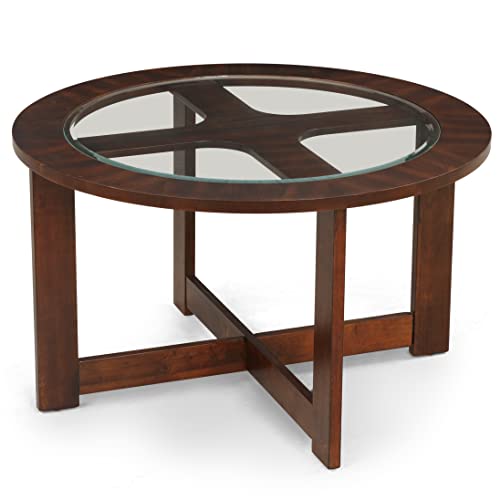 Roundhill Furniture Cylina Solid Wood Glass Top Round Coffee Table with 4 Stools, Espresso