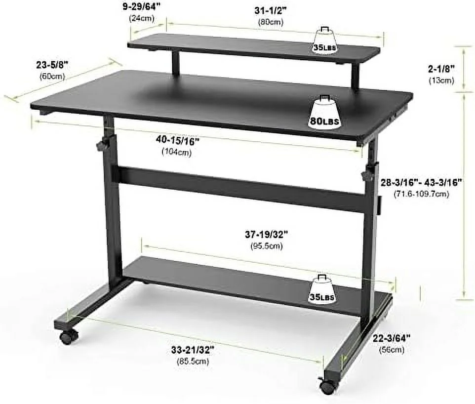 HJZBNONE Ergonomic Mobile Standing Desk 41 Inch  Lockable Home Office Height Adjustable Computer Desk PC Table with Hutch  Teak Top