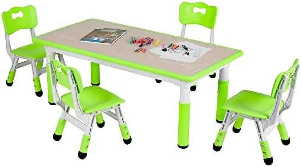 RUNFAYBIU Big  Study Table and 4 Chair Set  Height Adjustable Toddler Table and Chair Set for 4  Multifunctional Toddler Table  Reading  Drawing  Eating Interaction (Beige  Long Table)