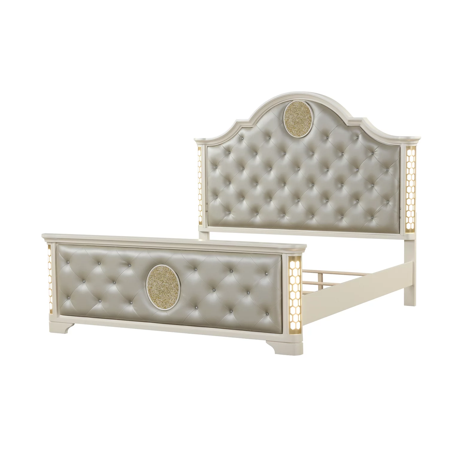 Jasmine Queen Size Tufted Upholstery & LED Bed made with Wood in Beige