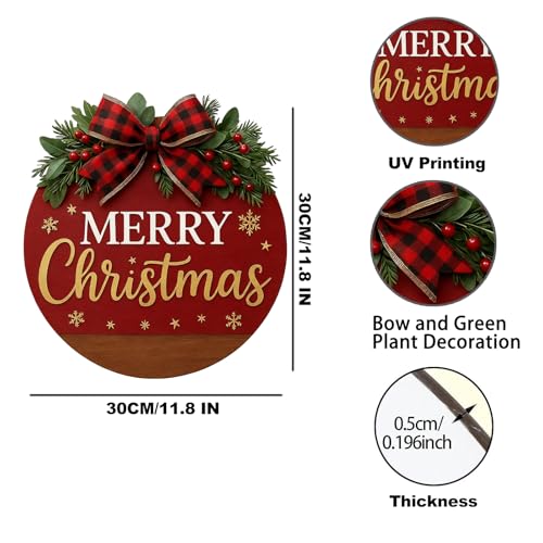 Merry Christmas Wreath Hanging Sign for Front Door, Wooden Welcome Wreaths Sign with Bow for Holiday Rustic Farmhouse Outdoor Wall Window Decor (Merry Christmas)