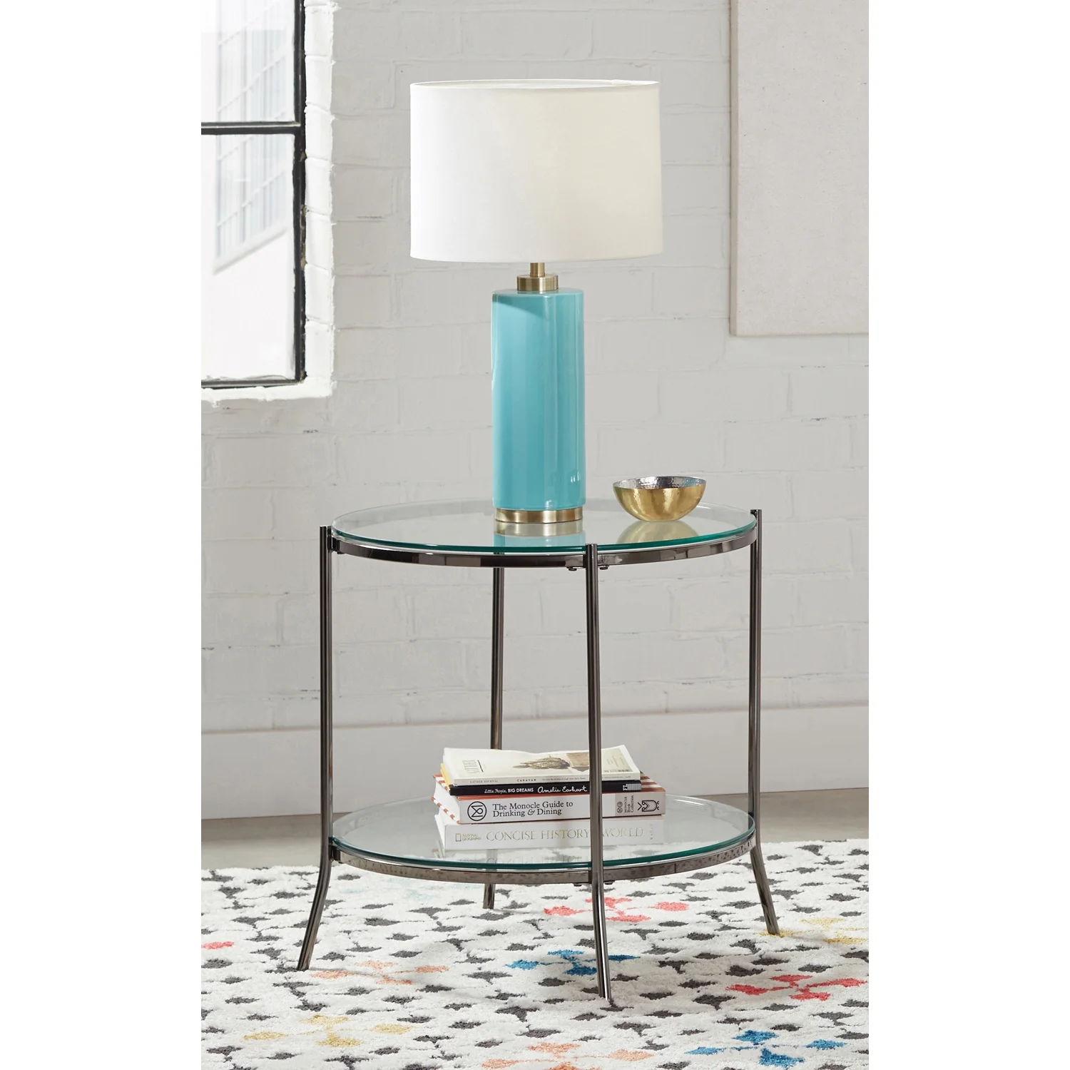 Laurie Round Glass Top End Table Black Nickel and Clear