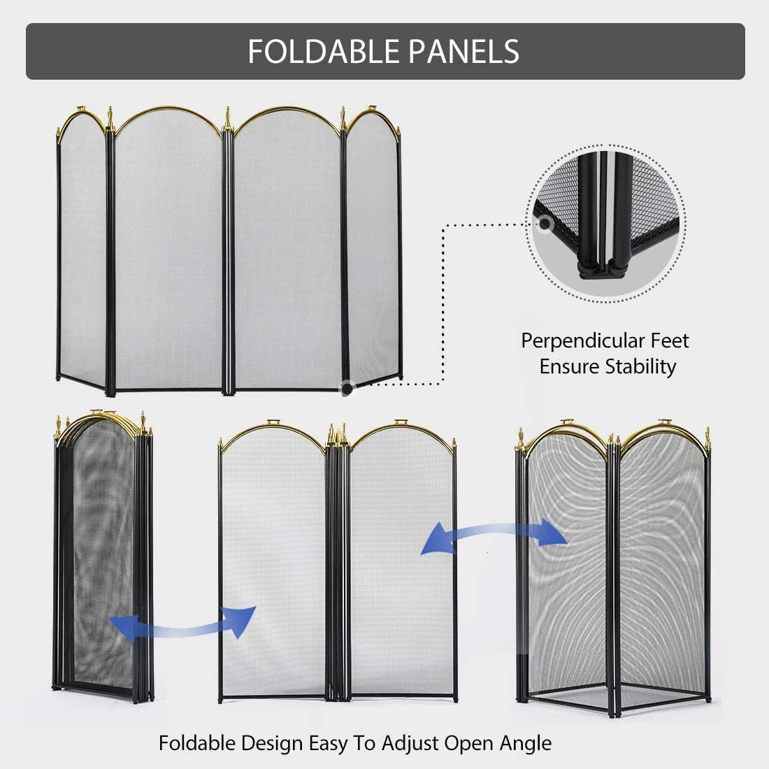 VIVOHOME 4 Panel 51.5 x 32 Inch Fireplace Screen Mesh, Wrought Iron , Black