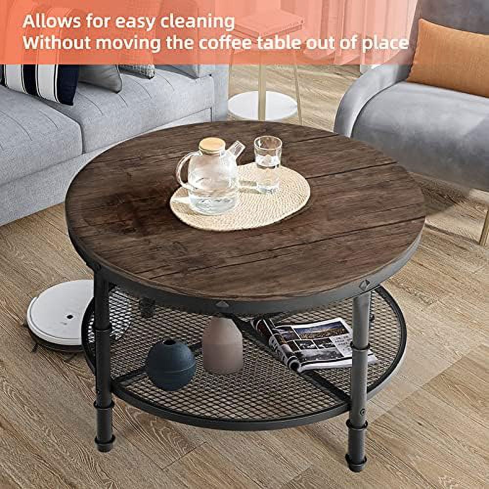 TJUNBOLIFE Small Round Coffee Table with   Rustic Center Table for Living Room  Wood Surface Top & Metal Legs & Open 2-Tier   Save Space  Grey
