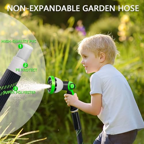 Garden Hose 25 FT, NON-EXPANDABLE Heavy-Duty Flexible & Lightweight Water Hose with 10-Function Nozzle, No-Kink Design, Leak-Proof Super Fabric, Solid Fittings for Lawn, Car, RV, Outdoor