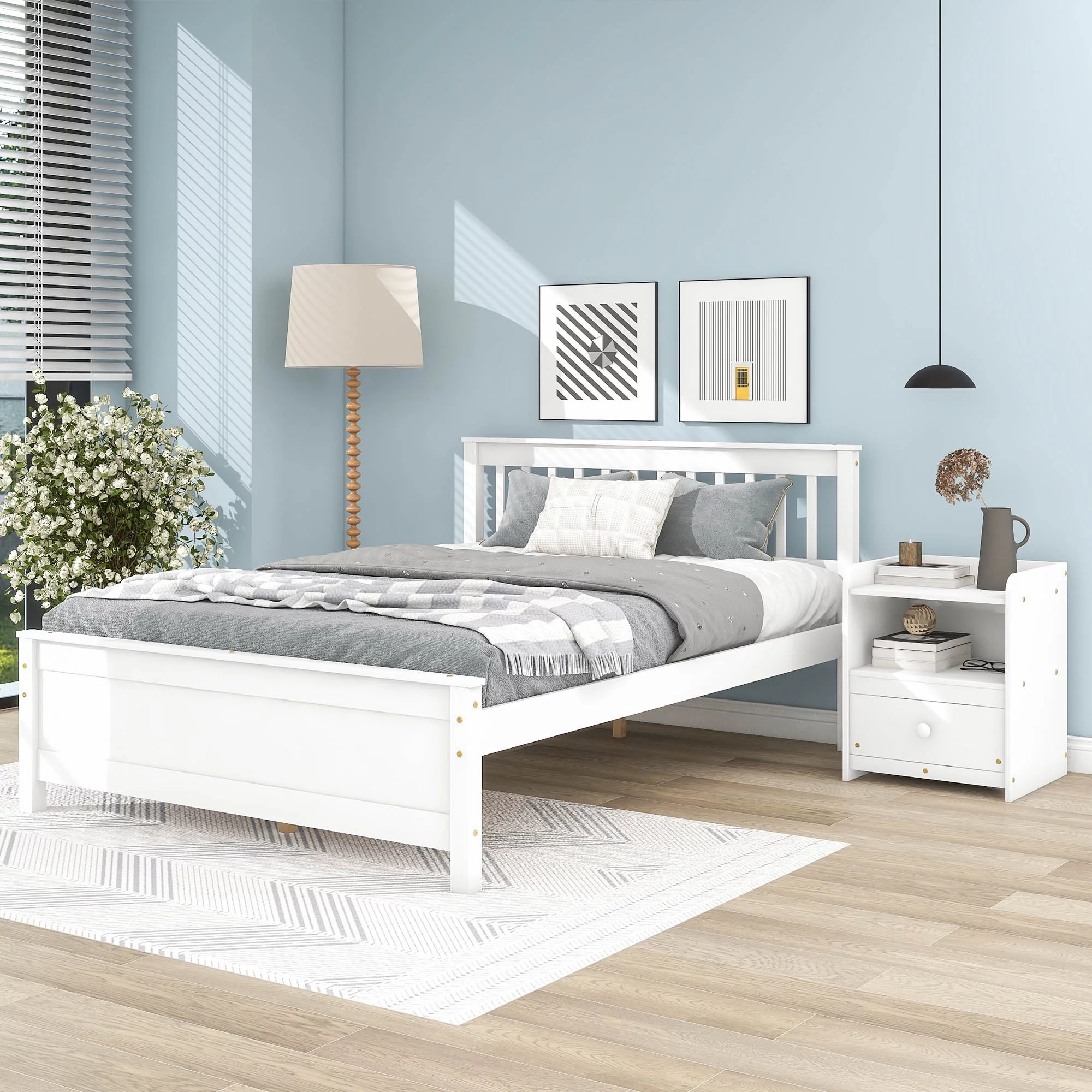 Hombay Twin / Full Size Platform Bed with Headboard Nightstand and Footboard, Slats Foundation Pine Wood Bed Frame, No Box Spring Needed
