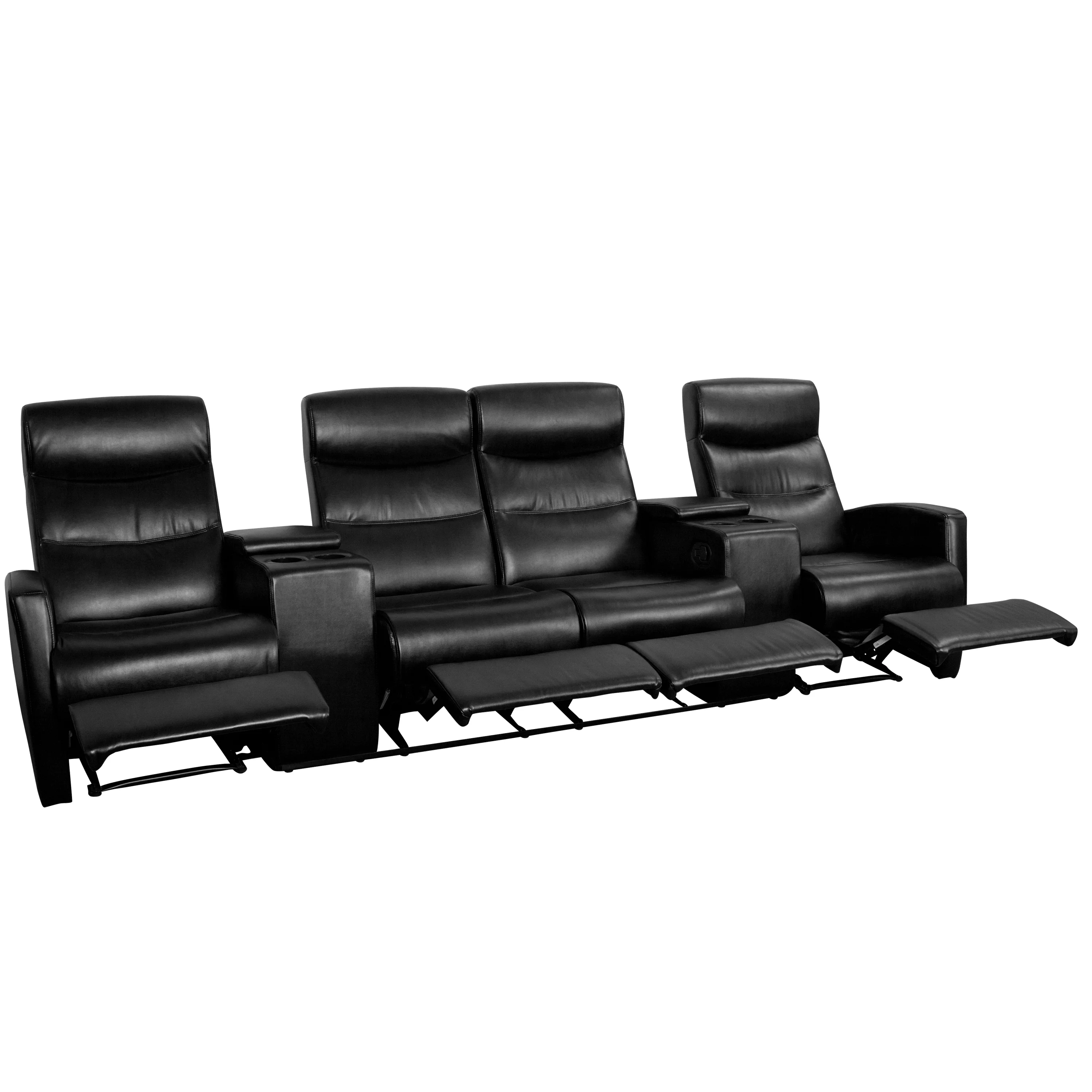 Flash Furniture Anetos Series 4-Seat Reclining Black LeatherSoft Theater Seating Unit with Cup Holders
