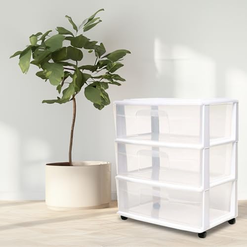 HOMZ Drawer Tower, 3-Tier Wide Clear Plastic Storage Organizer Cart, White Frame - Rolling Containers with Wheels for Bathroom, Bedroom, Office, and Classroom Organization