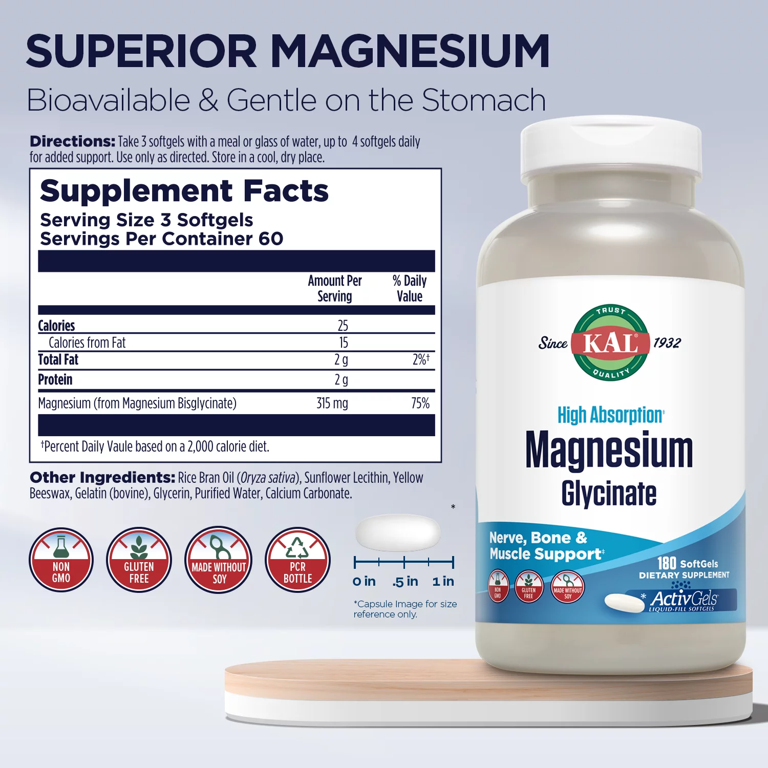 KAL Magnesium Glycinate ActivGels 315mg, Fully Chelated, High Absorption Magnesium Supplement for  Relaxation, Muscle & Bone Health Support‡, Non-GMO, Gluten Free, 60 Servings, 180 Softgels