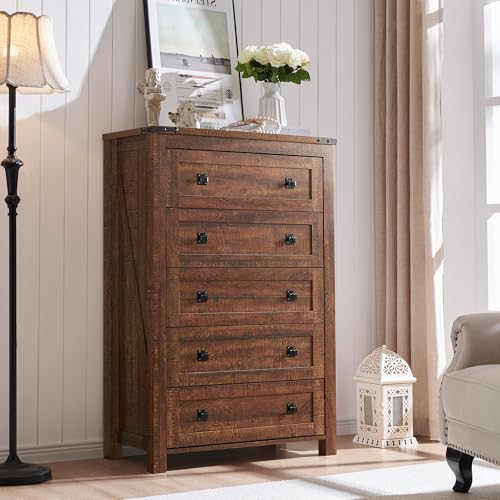 T4TREAM Farmhouse 5 Drawers Dresser Chests for Bedroom, Wood Rustic Tall Chset of Drawers,Dressers Organizer for Bedroom, Living Room,Hallway, Antique Brush White