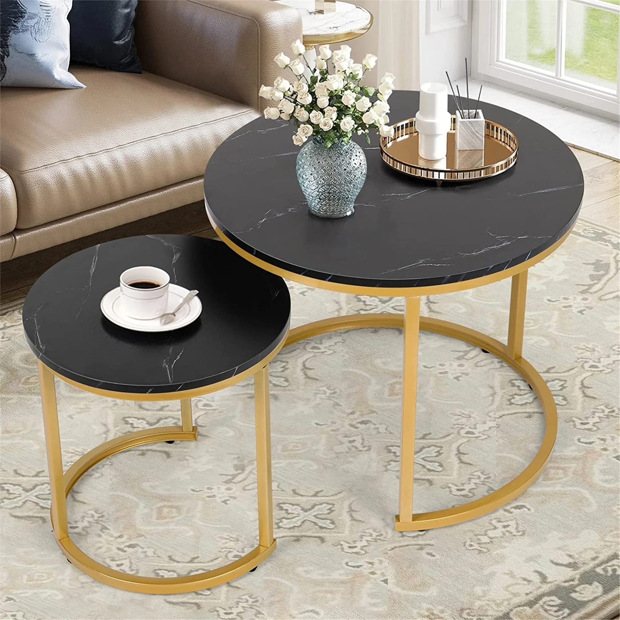 Modern Round Nesting Tables with Metal Frame (Set of 2) (White & Black)