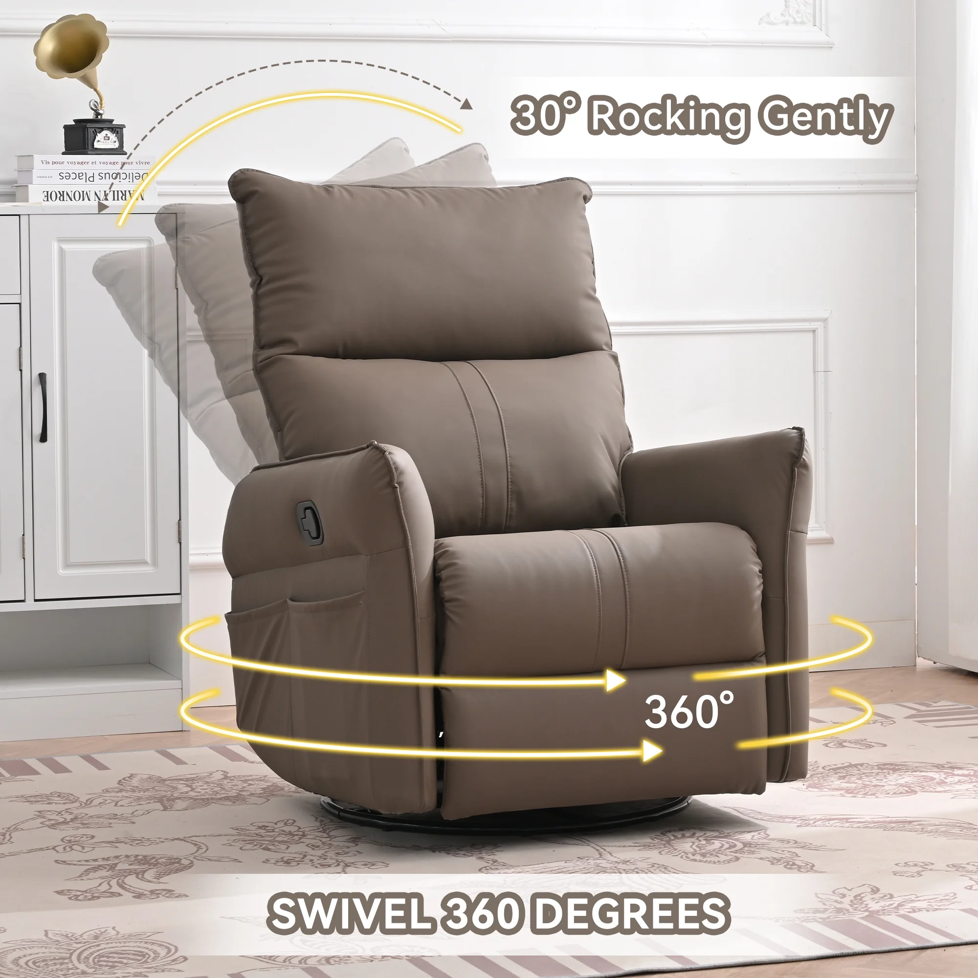 Muumblus 4-in-1 Swivel Glider Rocker Recliner Chair for Baby Nursery, Modern Faux Lehther Upholstered Theater Chir for Living Room, Brown