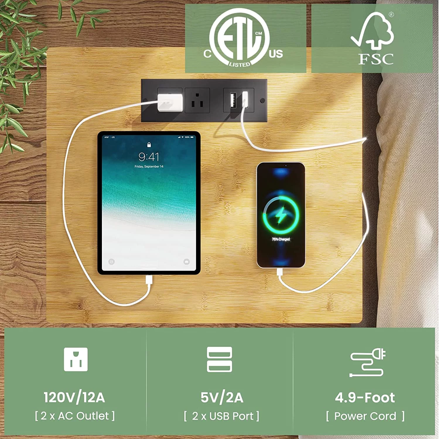 EPHEX Nightstands, Rattan Nightstands with Charging Station and Drawer, Solid Wood Bedside Tables with Open Shelf, Bamboo